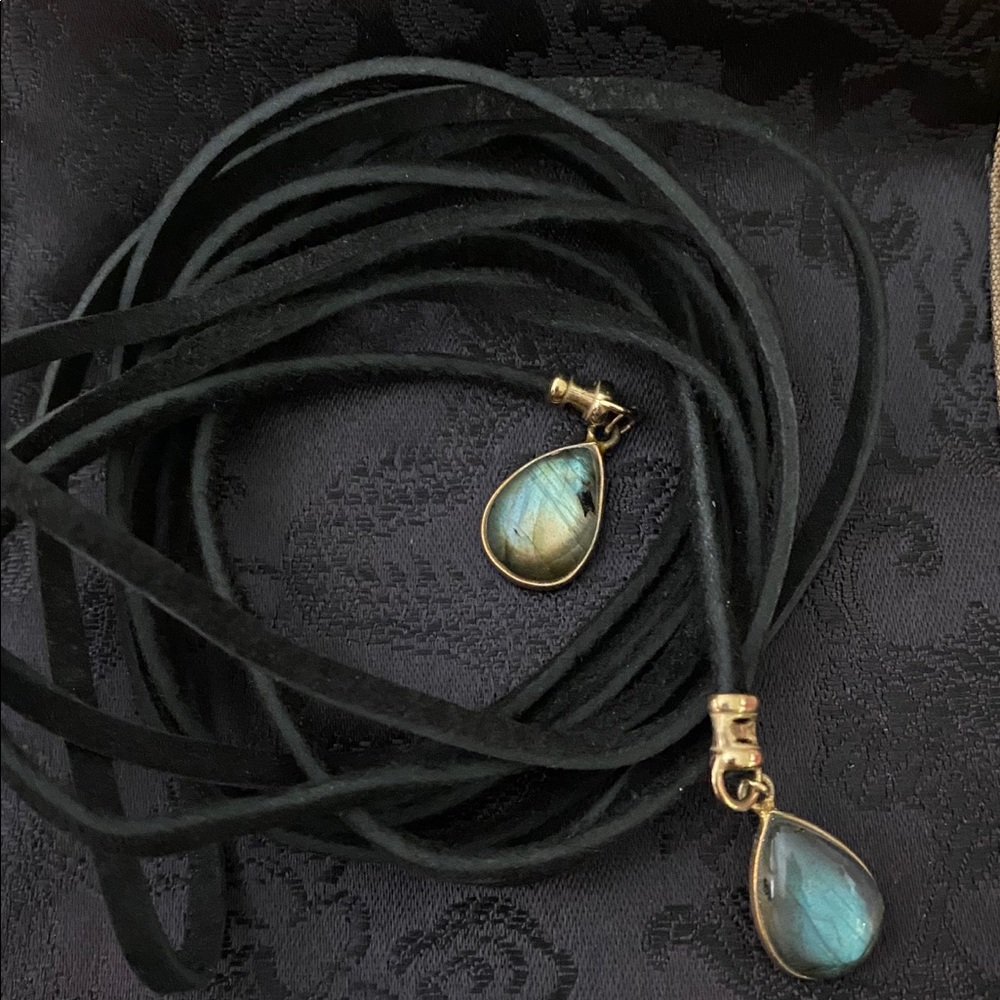 Labradorite and black leather wrap necklace